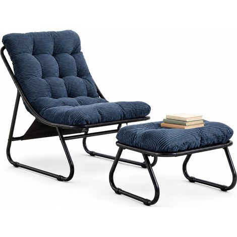 Salon de Jardin 1 Place en Acier avec Chaise Longue, Pouf et Coussin Confortable, Bleu Marine