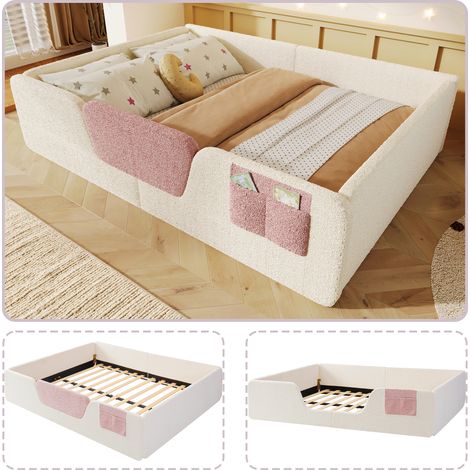 Lit capitonné velours 140x190cm beige barrières sécurités amovibles sac rangement intégré