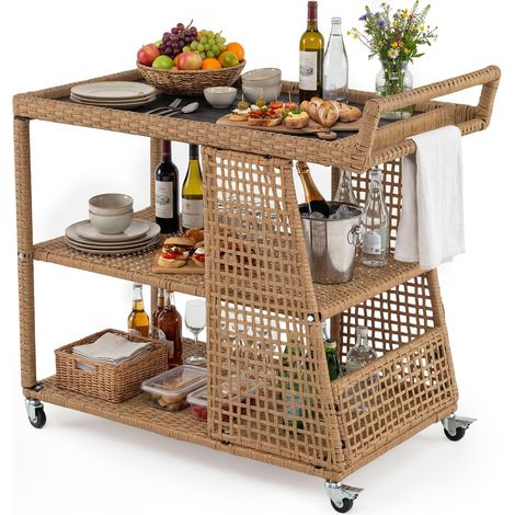 COSTWAY Carrello Portavivande Da Esterno Tavolo Bar Servizio Rattan Carrellino Portaoggetti Mensola Di Stoccaggio Mobile Cucina 3 Livelli Portafrutta Barbecue (1/5)