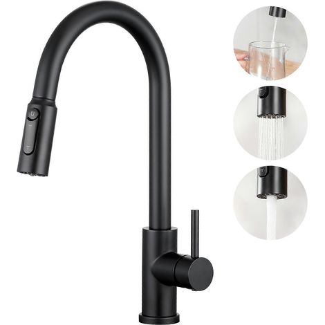 Grifo de cocina de tres vías con cabezal de ducha extraíble, grifo de cocina de tres vías giratorio de 360°, grifo de cocina de tres vías, negro mate. (1/4)