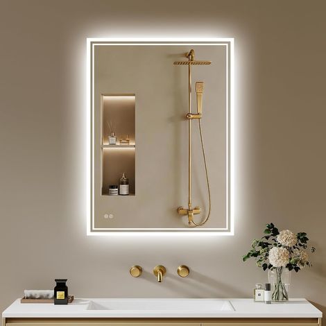 Miroir Salle de Bain avec éclairage 40 x 60 cm - Miroir Salle de Bain avec Anti-buée - Miroir de Salle de Bain LED avec Interrupteur Tactile - Intensité Variable - 3 Couleurs de (1/5)