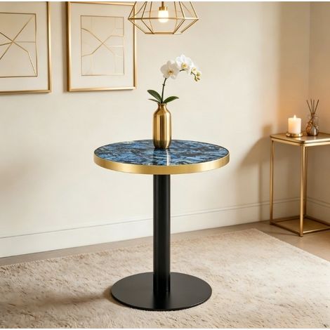 Table d'appoint ronde moderne avec plateau effet marbre gris et bord doré, structure métallique noire et dorée, Ø 60 cm, hauteur 73,7 cm (1/5)
