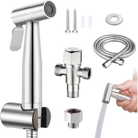 Pulvérisateur à Main avec Adaptateur 1/2 Pouce vers 3/8 Pouce, Kit Douchette WC avec Flexible 1,5 m, Acier Inoxydable, Bidet Toilette WC pour Nettoyage des Toilettes, Animaux et Hygiène Personnelle (1/5)