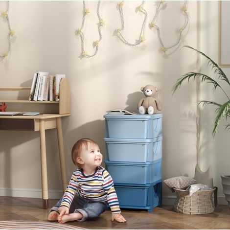 Mueble de almacenamiento infantil con 4 cajones, bordes redondeados, plástico azul OKMYHOME (1/5)