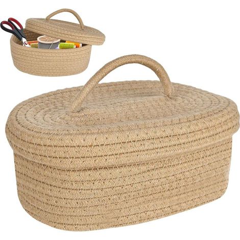 Panier de rangement en corde de coton avec couvercle, panier en coton tissé avec couvercle en coton tressé pour salle de bain, étagère, chambre d'enfant 23 cm x 15 cm x 10 cm (1/5)