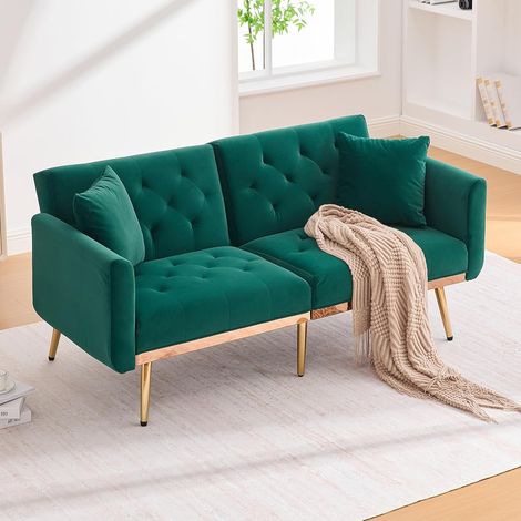 Canapé 2 places convertible moderne avec dossier et coussins réglables, pieds en métal, tissu velours, coloris émeraude. (1/5)