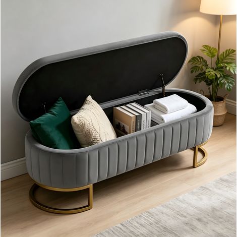 DESMIU Banc de rangement Bout de lit avec coffre de rangement et pieds métalliques, en velours, Gris clair (1/5)