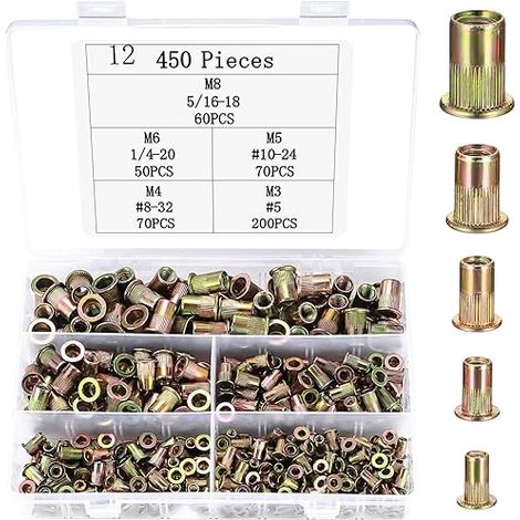 450 Pcs Insert Fileté Metal, Ecrou a SertirÉcrous Filetés à Tête Plate, Écrous à Sertir M3 M4 M5 M6 M8, Écrous à Riveter, Inserts Filetés en Métal pour Tôles Plastiques Plaques Métalliques et Tuyaux (1/5)