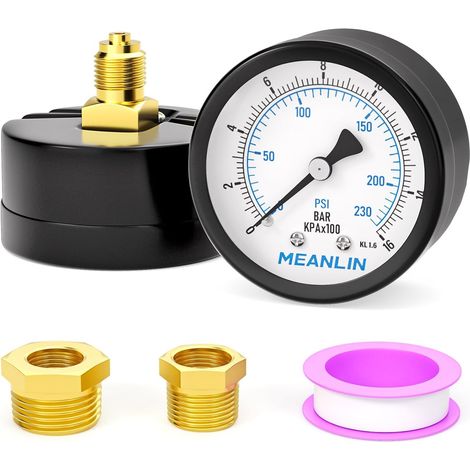 0-16 Bar/230PSI Pressure Gauge for Well Pump, with Hexagonal Sleeve 1/4" x 1/2" BSP and 1/4"x 3/8" BSP, Pressure Test Center for Pool Sand Filter, Rear Mount (1/5)