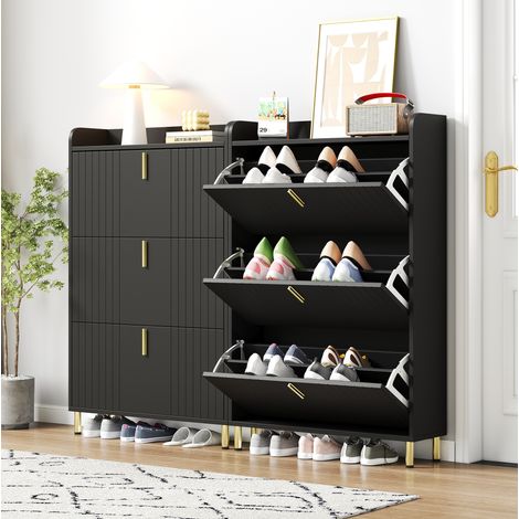 Scarpiera in MDF nera opaca con base e maniglie oro, 80 x 23 x 123,5 cm, ripiani centrali regolabili (1/5)