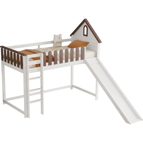 Lit mezzanine, avec toit et fenêtre, avec échelle droite à trois marches, lit ado, lit enfant avec toboggan, pin+MDF, blanc+noyer, 90x200cm