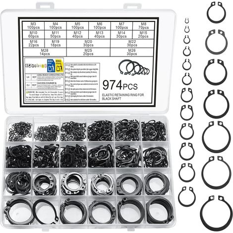 974 PiezasCirclips Exterieur, Circlips Assortiment, Anneau de Retenue Externe Snap C-Clips Kit, E-clips Circlips Interne pour Goujons Arbres Rainurés pour essieux, arbres et autres mobiles (noir) (1/5)