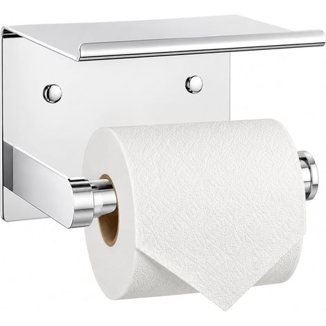 Porte-Papier hygiénique chromé avec étagère, Support Mural ou Auto-adhésif, Rangement pour Papier hygiénique, décoration de Salle de Bain, Acier Inoxydable (1/5)