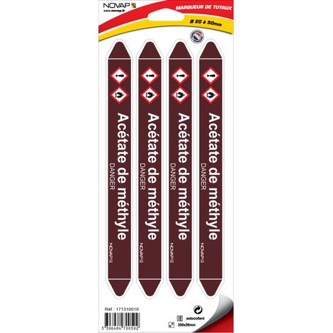 Planche de 4 marqueurs de tuyauterie 250 x 26 mm pour Ø 20 à 50 mm - Acétate de méthyle - 4700502