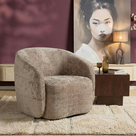 Fauteuil salon pivotant marron tissu chenille BELORA (1/5)