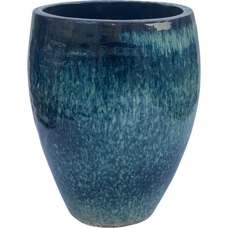 Pot grande taille d'extérieur POSEIDON2 46x55cm bleu abysse, fait main en terre cuite émaillée, résistant au gel