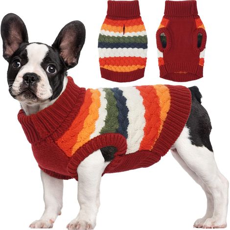 Pull à Col Roulé en Tricot pour Chien Vêtement d'Hiver Chaud et Élastique pour Animaux de Compagnie Bandes Colorées (1/5)