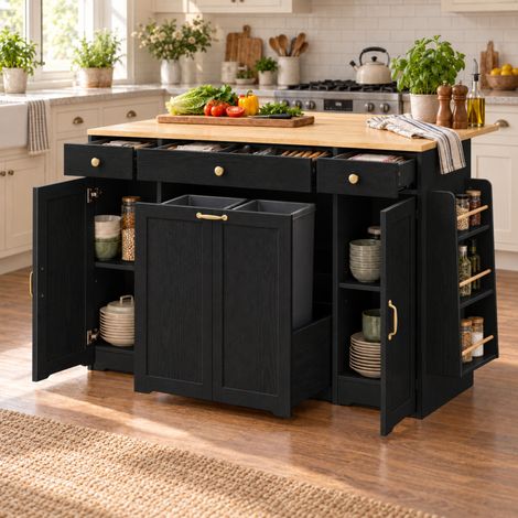 Buffet à 3 tiroirs, 2 portes et plateau couleur bois pour cuisine et salle à manger, (Noir) (1/5)