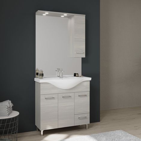 Kiamami Valentina – Meuble de salle de bains 85 cm – Lavabo céramique central – 3 portes et 1 tiroir – Finition chêne gris avec pieds chromés — vue 2