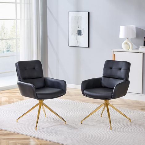 [Lot de 2] Chaise pivotante européenne au design luxueux et léger : revêtement PU noir + pieds en métal doré, pivotement silencieux à 360°, lot de 2 pour salles à manger / espaces de détente. (1/5)