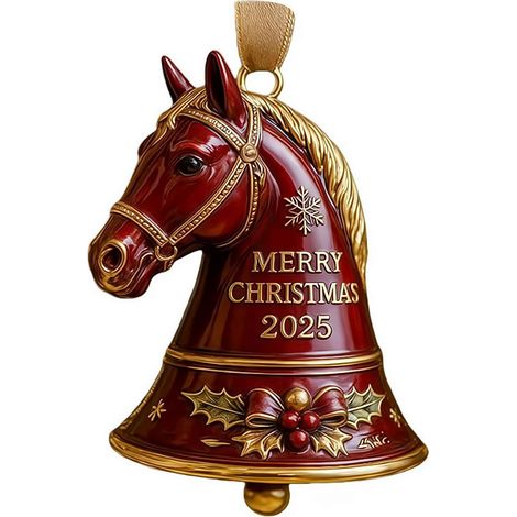 Cloche Cheval - Décoration Arbre De Noël En Résine Rouge Or - Motif Tête De Cheval Avec Houppette Et Flocon De Neige - 1 Pièce (1/5)