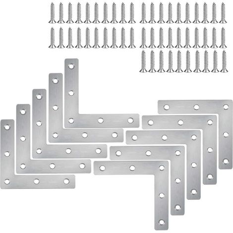 Lot de 10 équerres d'angle en acier inoxydable, fixations pour meubles, plaques de fixation plates, connecteurs en L avec vis 80 x 80 mm (1/5)
