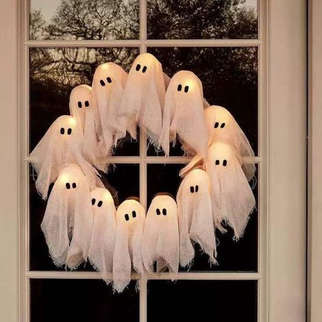Couronne Halloween lumineuse, décoration de porte avec fantômes, nœud et chauves-souris, suspension pour porte d’entrée (1/5)