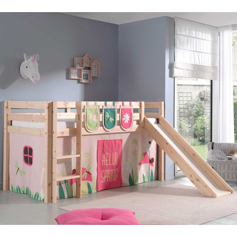 Lit toboggan 90x200 avec tente et 3 pochettes printemps pin massif clair Pino (1/5)