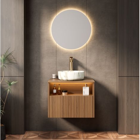 Mobile lavabo sospeso 60x46x45 cm in compensato e ceramica, marrone salvaspazio – MEUBLIV (1/5)