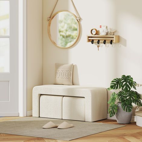Juego de 3 Bancos Zapateros Grande y 2 Pequeños Modernos de Pana Diseño Compacto Mesa Auxiliar 104x44x48 cm Crema (1/5)