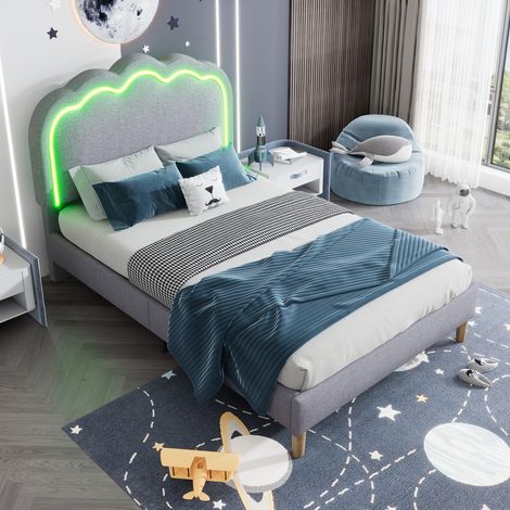3ft Single Upholstered Bed with LED Headboard, 90x190cm Velet Bed Frame with Adjustable Headboard & Wooden Slats, Teen Bed for Bedroom and Guest Room, Grey (1/5)