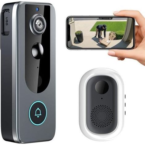 Sonnette Vidéo WiFi M20, Caméra HD 1080p avec Vision Nocturne, Audio Bidirectionnel, Détection de Mouvement, Batterie Rechargeable, Compatible Tuya Smart, Noir et Gris, Installation Murale (1/5)