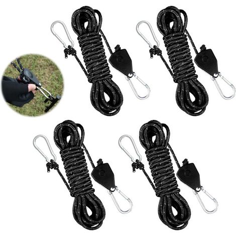 Lot de 4 cordes à cliquet réglables, corde réfléchissante pour tente 4 m x 4 mm, hauban avec tendeur, corde de camping légère à cliquet, cordes à cliquet pour tentes et auvents (1/3)