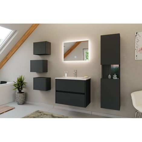 Badmöbel Set Taifun 4tlg. 70cm mit LED Spiegel 3er Boxen und Hochschrank Grafit