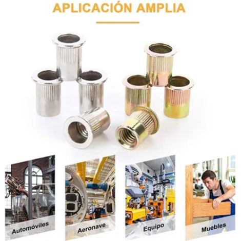 Jeu de 300 écrous rivetés M3 M4 M5 M6 M8 M10, inserts filetés tête plate en aluminium et acier zingué, visserie industrielle polyvalente. (1/5)