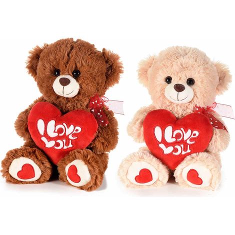 Orsetti di peluche per San Valentino, con cuore rosso imbottito con scritta I love you e fiocco di organza, set da 2 pezzi, cm 18x22,5x23 H (seduto)