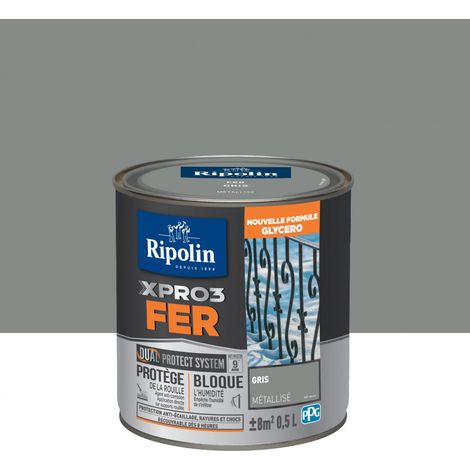 Ripolin – Peinture fer glycéro antirouille XPRO3 gris métallisé 0,5 L – DUAL PROTECT SYSTEM® pour protection contre l'humidité