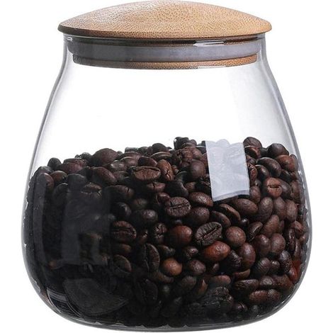 Bocal de conservation en verre E Ambar avec couvercle en bois, 400 ml/800 ml. Verre borosilicate de haute qualité. Bocal de cuisine transparent pour haricots, riz, confiture et bonbons. (1/5)