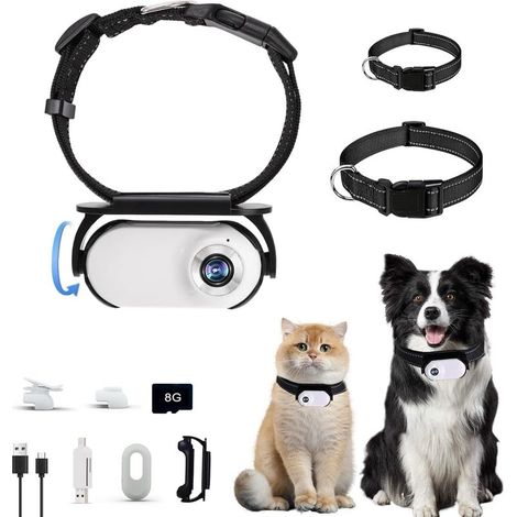 Collier caméra pour chat avec carte mémoire 8 Go, petite caméra sportive sans fil avec enregistrement vidéo 1080p haute définition, caméra corporelle pour animaux de compagnie en intérieur/extérieur (1/2)
