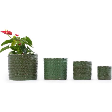 Pot de fleurs en céramique vert olive brillant, mini cache-pot de bureau Ø17,5 cm avec relief chevrons et trou de drainage pour succulentes, herbes et déco CHICFURN (1/5)