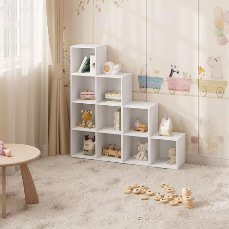 WOLTU Estantería tipo escalera / Unidad de almacenamiento con 10 cubos, estantería de madera independiente para estudio, 120x30x120 cm, blanca