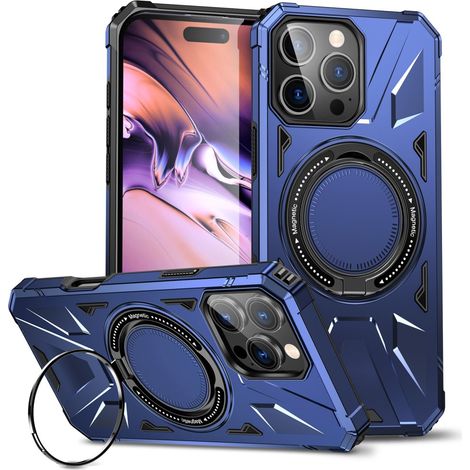 Custodia per iPhone 16 Pro, rinforzata con supporto e piastra per il supporto, blu (1/5)
