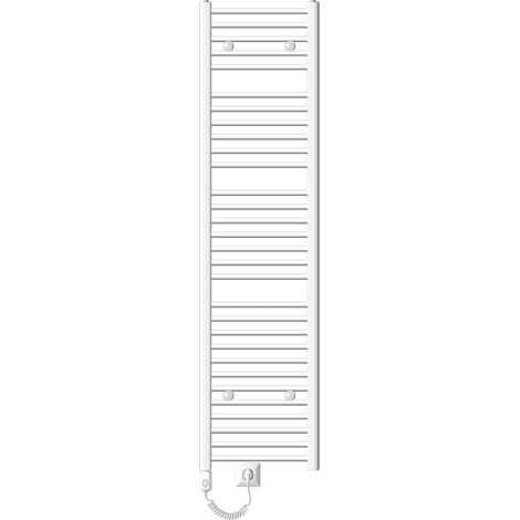 LuxeBath Radiateur Électrique de Salle de Bain Sahara 400x1800 mm Blanc Raccord Latéral Droit Elément Chauffant 900W + Thermostat Affichage Digital Sèche-serviettes Minuterie Kit de Fixation Inclus (1/4)