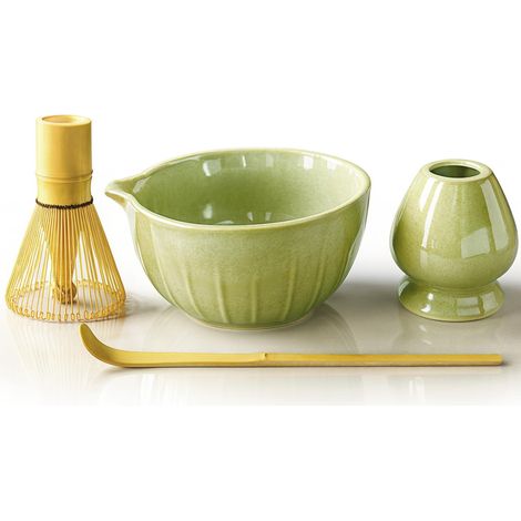 Kit de Matcha de 4 piezas: tazón de cerámica con pico, batidor de matcha, soporte y cuchara de bambú. Set de regalo para amantes del matcha, ideal para desayuno o café con leche.