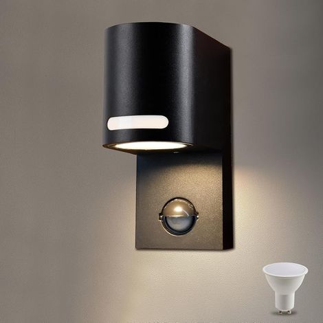 Lampe d'extérieur à Led avec détecteur de mouvement, Applique murale GU10 (ampoule incluse), Applique murale IP44 étanche Boîtier aluminium, Applique d'extérieur à Led 5W 600LM 3000K blanc chaud, Rond (1/5)