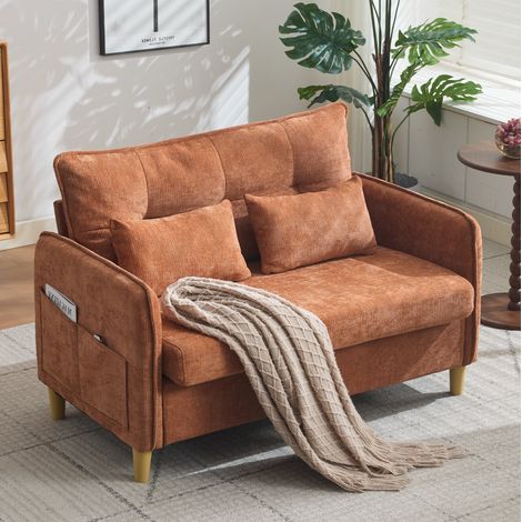 Divano a 2 posti da 127 cm con tasche laterali, braccioli e cuscini in ciniglia arancione (1/5)