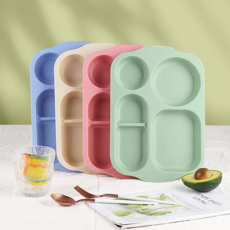 BUNTHAUS Assiettes 5 Compartiments pour Les Adultes et Enfants, Lot de 4 Assiette Plastique Reutilisable et Incassables,sans BPA,Passe au Micro-Ondes et au Lave-Vaisselle