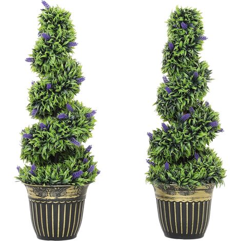 Set of 2 Decorative Artificial Plants, Boxwood Spiral Topiary Tree with Lavender and Pot, Fake Plants for Home Indoor Outdoor Decor, 90cm