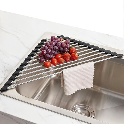 Petit égouttoir triangulaire enroulable pour coin d'évier - Organiseur de cuisine peu encombrant avec couche de silicone et cadre en acier inoxydable - Égouttoir pliable multifonction (1/5)