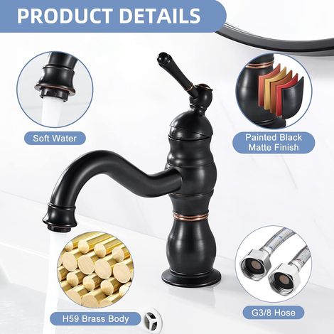 Levier unique noir pivotant 360° – Montage standard 3/8 pouces – Eau chaude/froide pour meuble salle de bain
